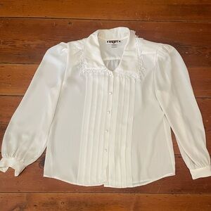 Ivory White Blouse Silky Slightly Sheer Blouse with Gorgeous Lace Collar
